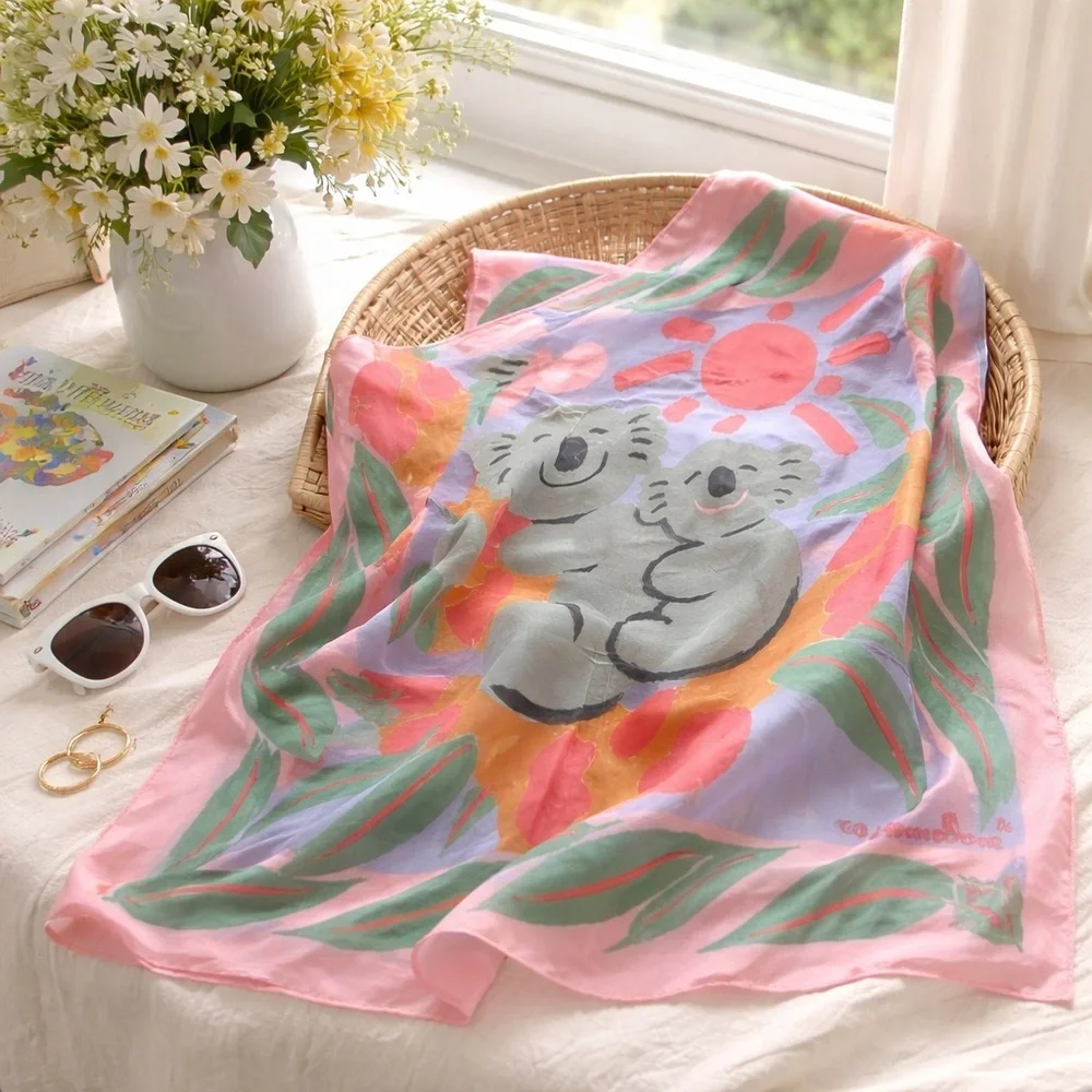 KEN DONE 1986 Vintage Silk Scarf 29” Pink Koalas Sun Australia 100% Silk